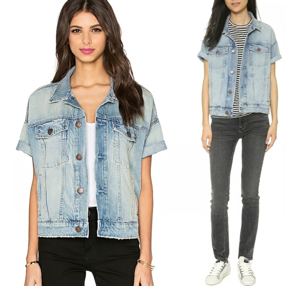 Current Elliott The Rolled Sleeve Trucker Denim Jacket Light Indigo Size 0 - Picture 2 of 13